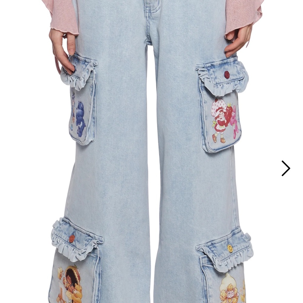 Dolls Kill Strawberry Shortcake Blue Flare Wide Leg Jeans